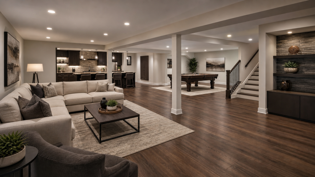 Finished basement with wood flooring, neutral walls, and modern lighting created by a general contractor