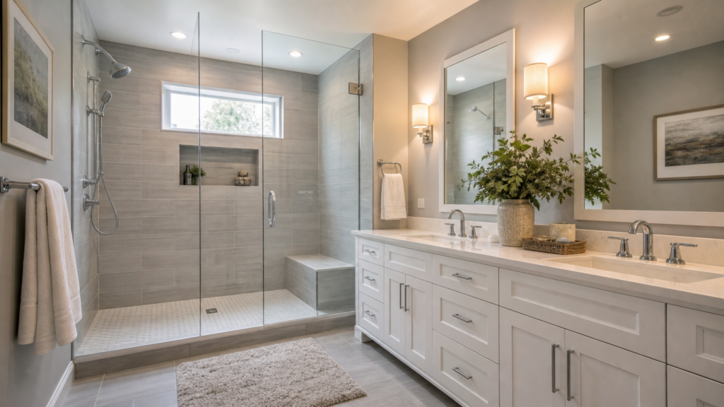 Elegant, newly remodeled bathroom with a modern glass shower, white vanity, and chrome fixtures completed by a general contractor