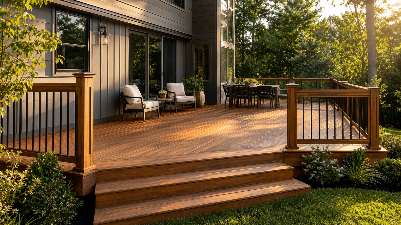 Newly completed backyard deck with smooth natural wood and modern railing attached to home, built by general contractor