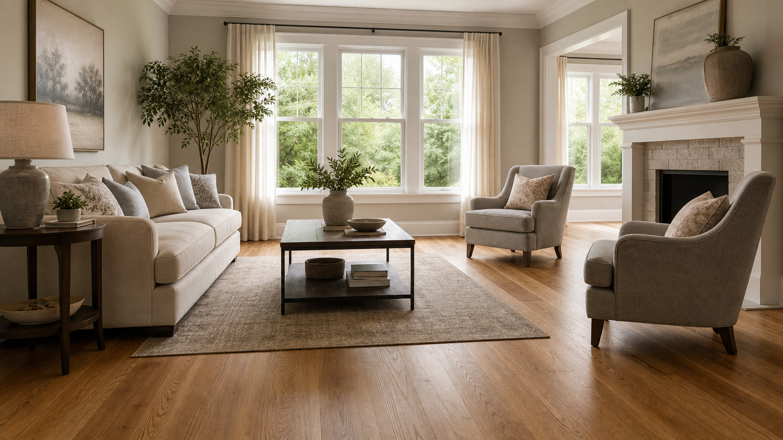 Finished living room showcasing quality hardwood flooring installation by a general contractor, with natural light and modern decor