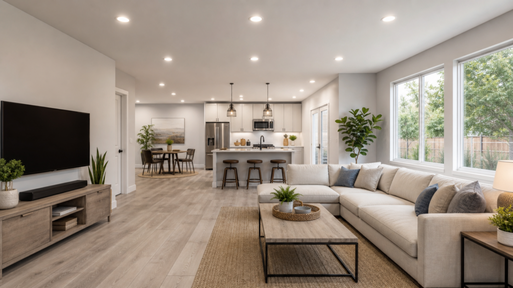 modern converted garage interior with new flooring, large windows, and sleek lighting for a general contractor garage conversion project
