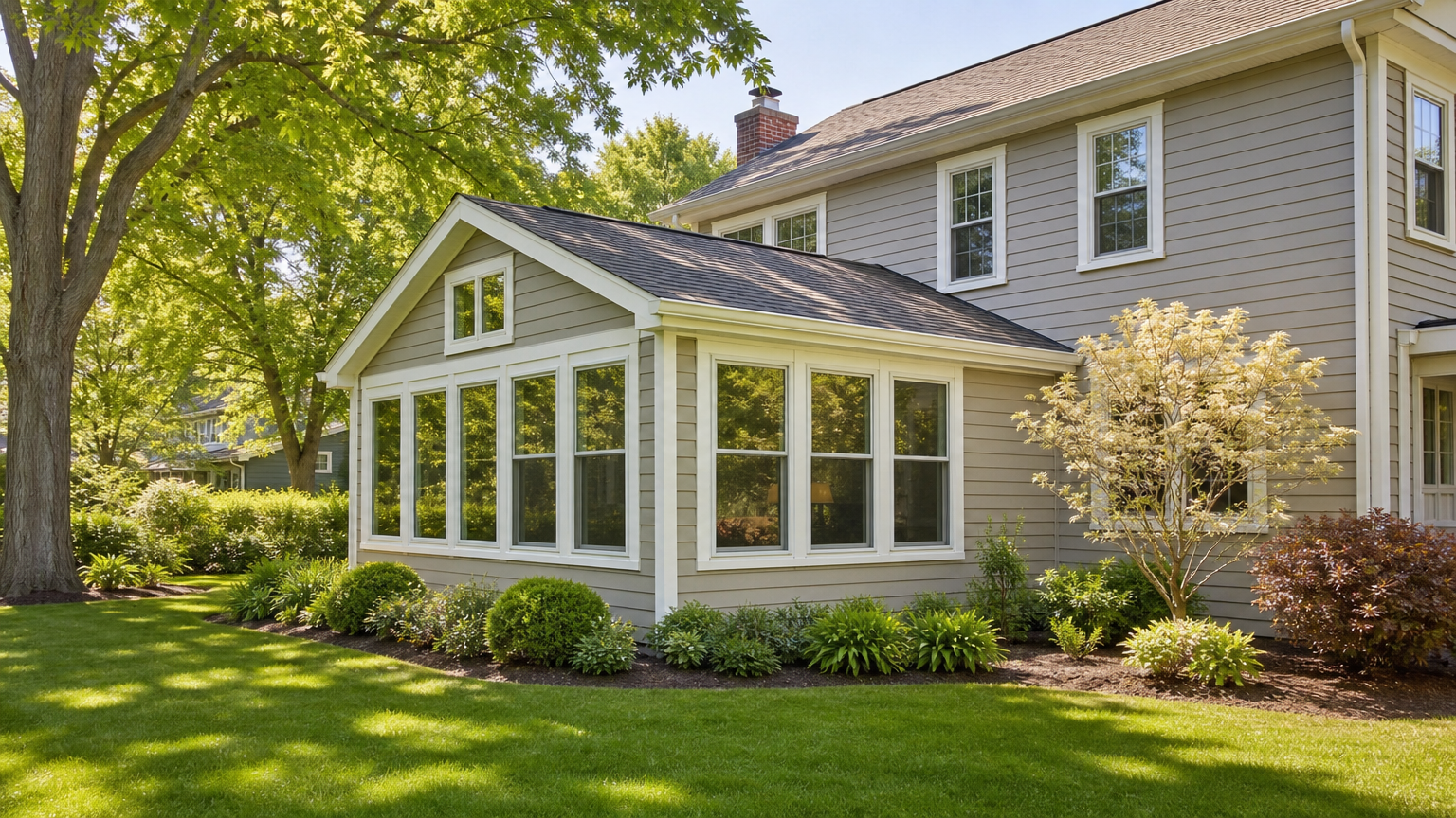 Beautiful home exterior featuring a new room addition with matching siding and large windows, completed by a general contractor