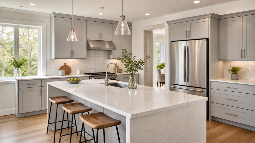 Modern renovated kitchen with quartz countertops, gray cabinets, stainless steel appliances, and wood floors by a general contractor