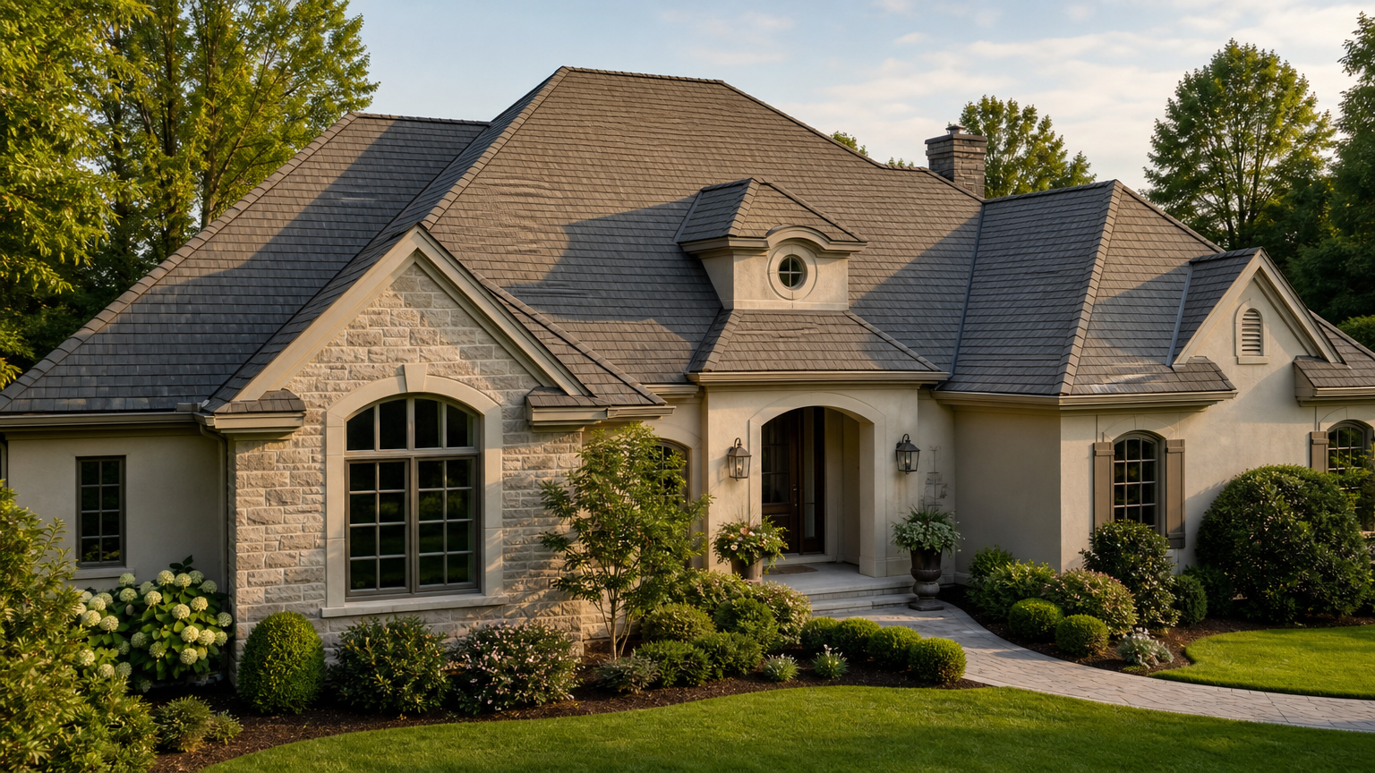 Completed roof repair on a modern home with clean, seamless shingles and flawless roofline, shown in natural light by a general contractor