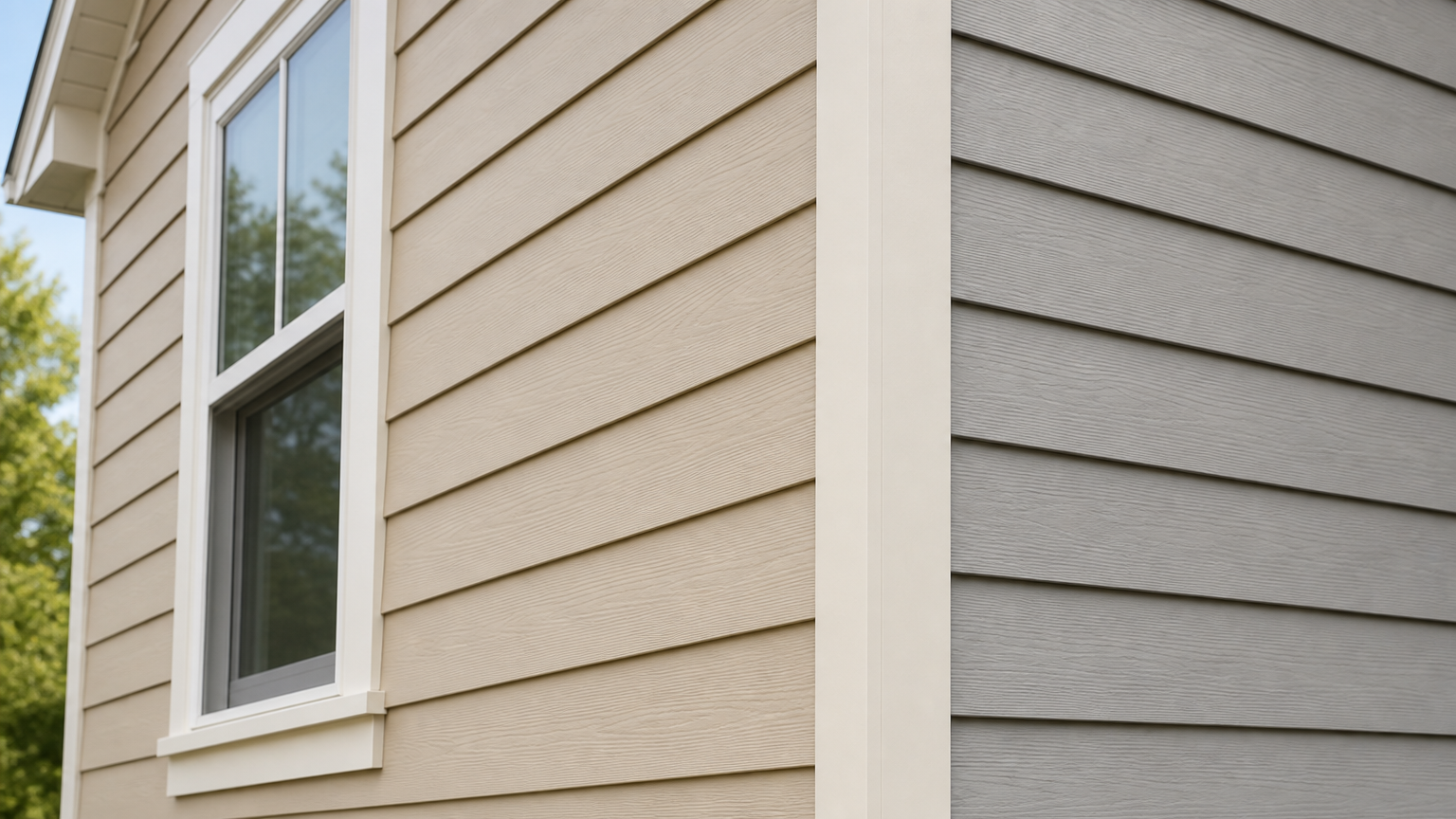 Freshly installed house siding in beige and gray colors showing clean modern finish by a general contractor