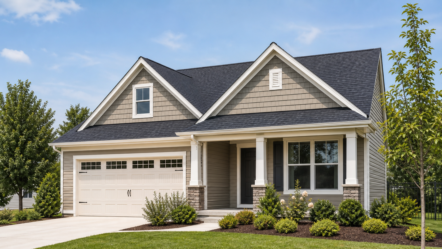 Beautiful home exterior showing professionally repaired roof and siding after storm damage, with clear sky and natural light