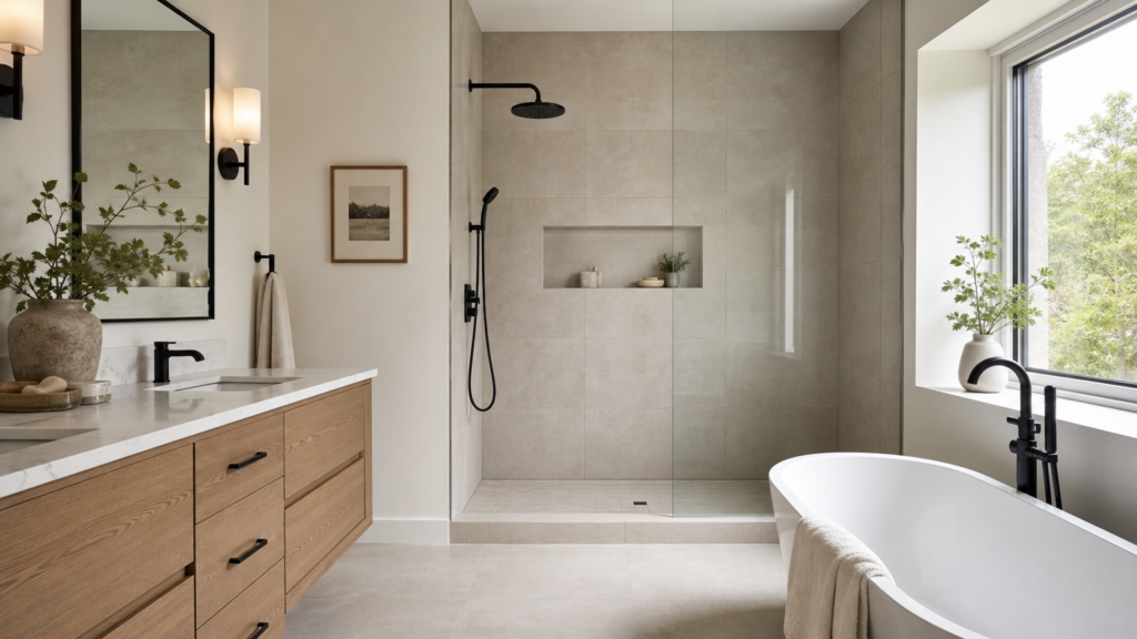 Beautiful completed bathroom with new tile flooring and seamless tiled shower, installed by a general contractor