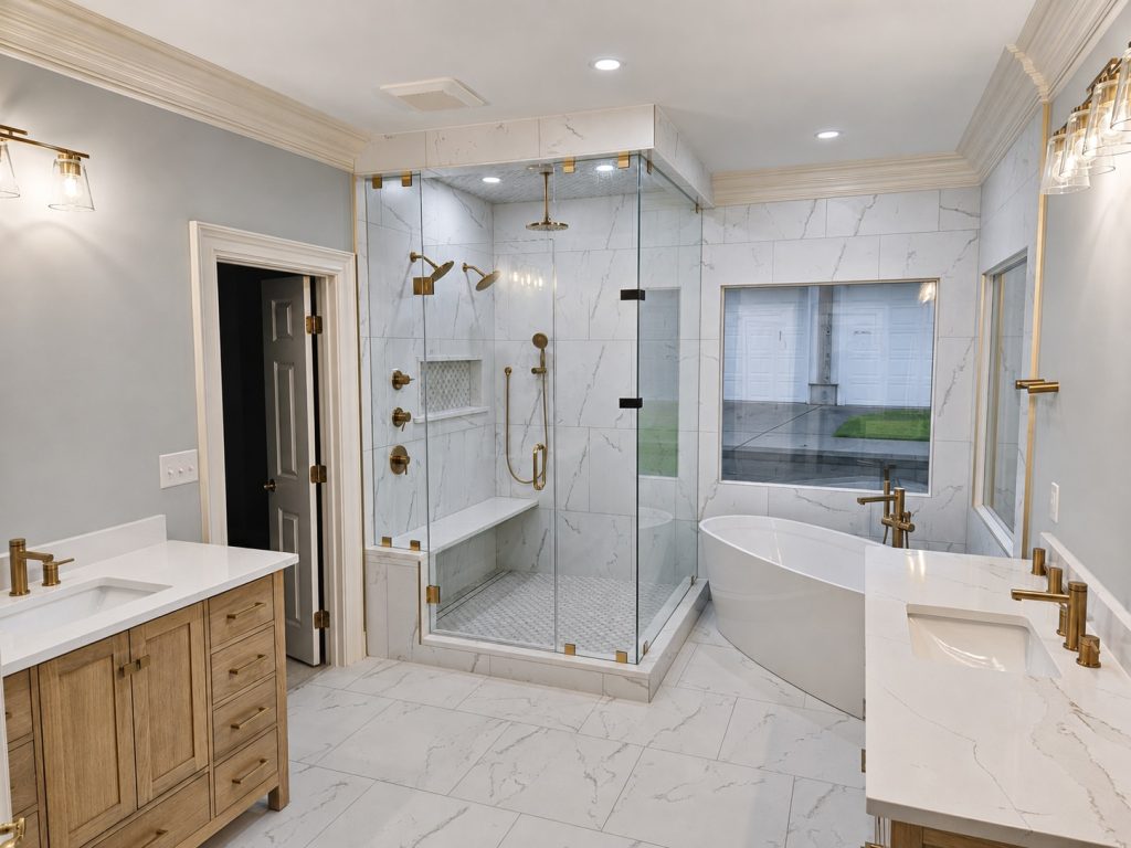 Balanced light in a marble bathroom