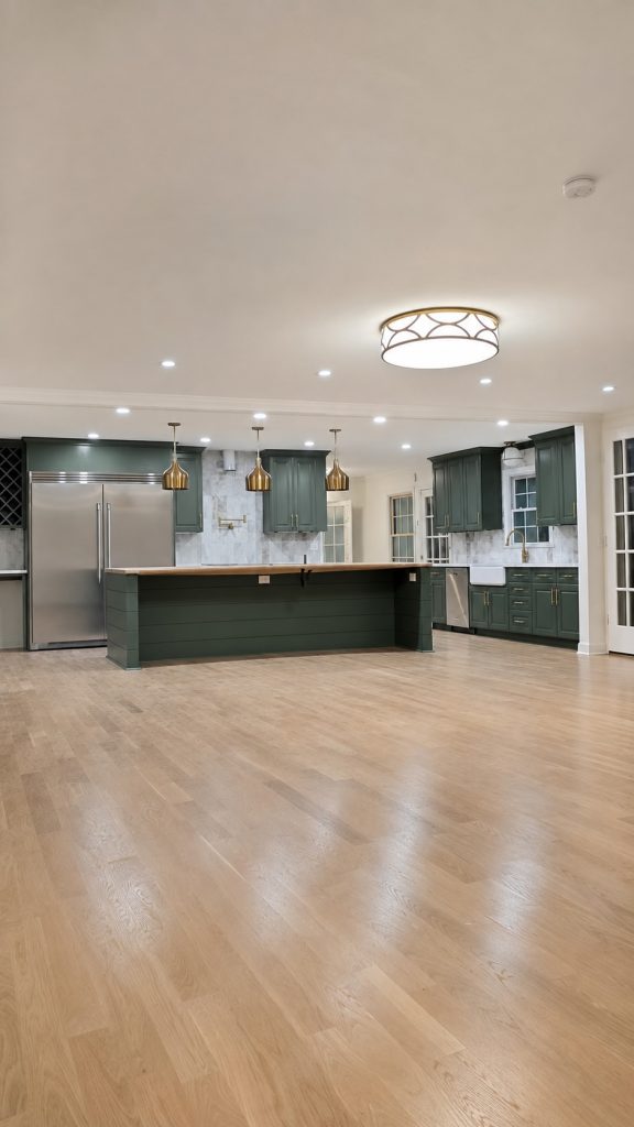 Levelled open plan kitchen with green cabinetry