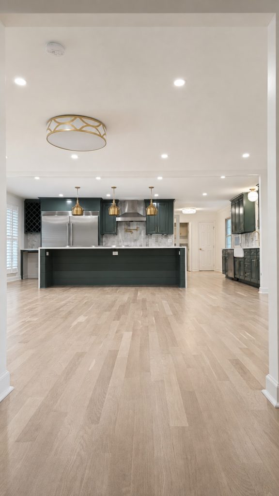 Open plan kitchen with green cabinetry