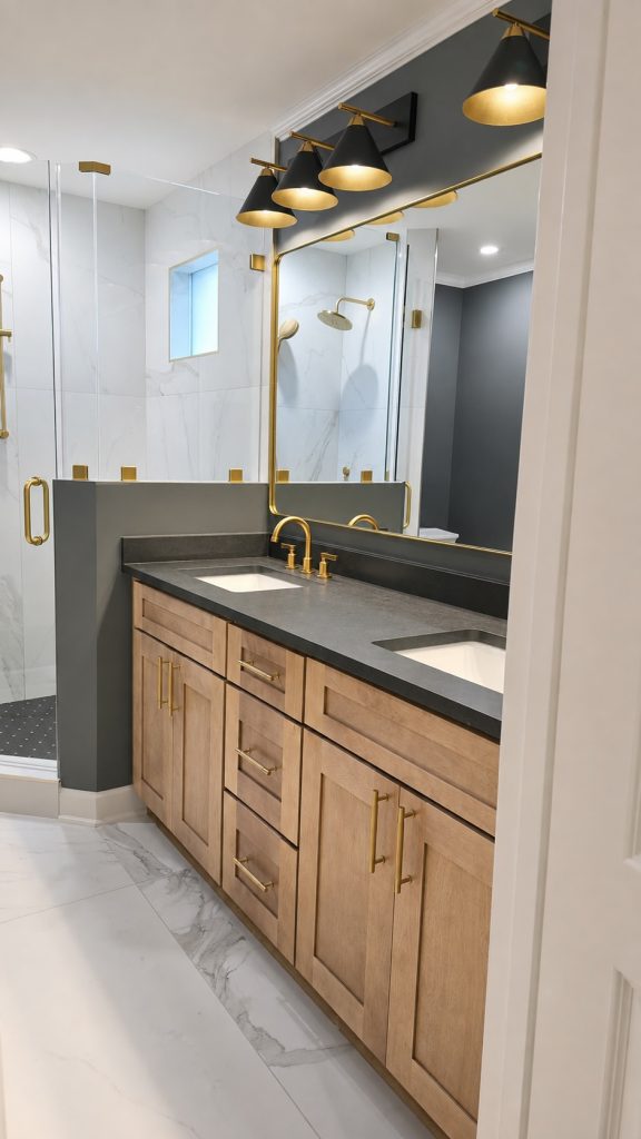 Refined double vanity bathroom with brass accents
