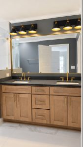 Refined double vanity with brass accents