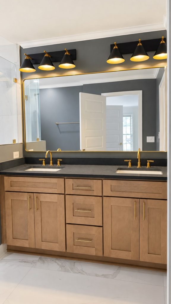 Refined double vanity with brass accents