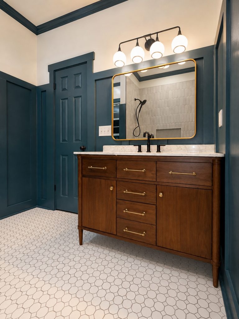 Teal bathroom vanity with gold mirror