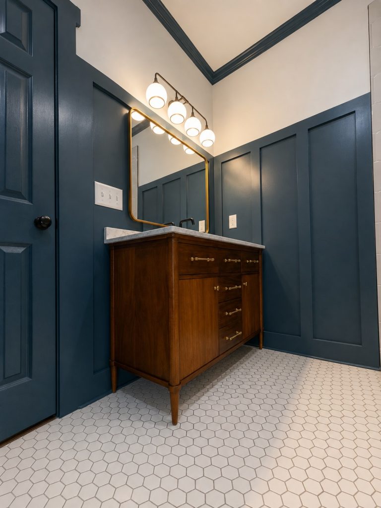 Warm lit teal bathroom vanity